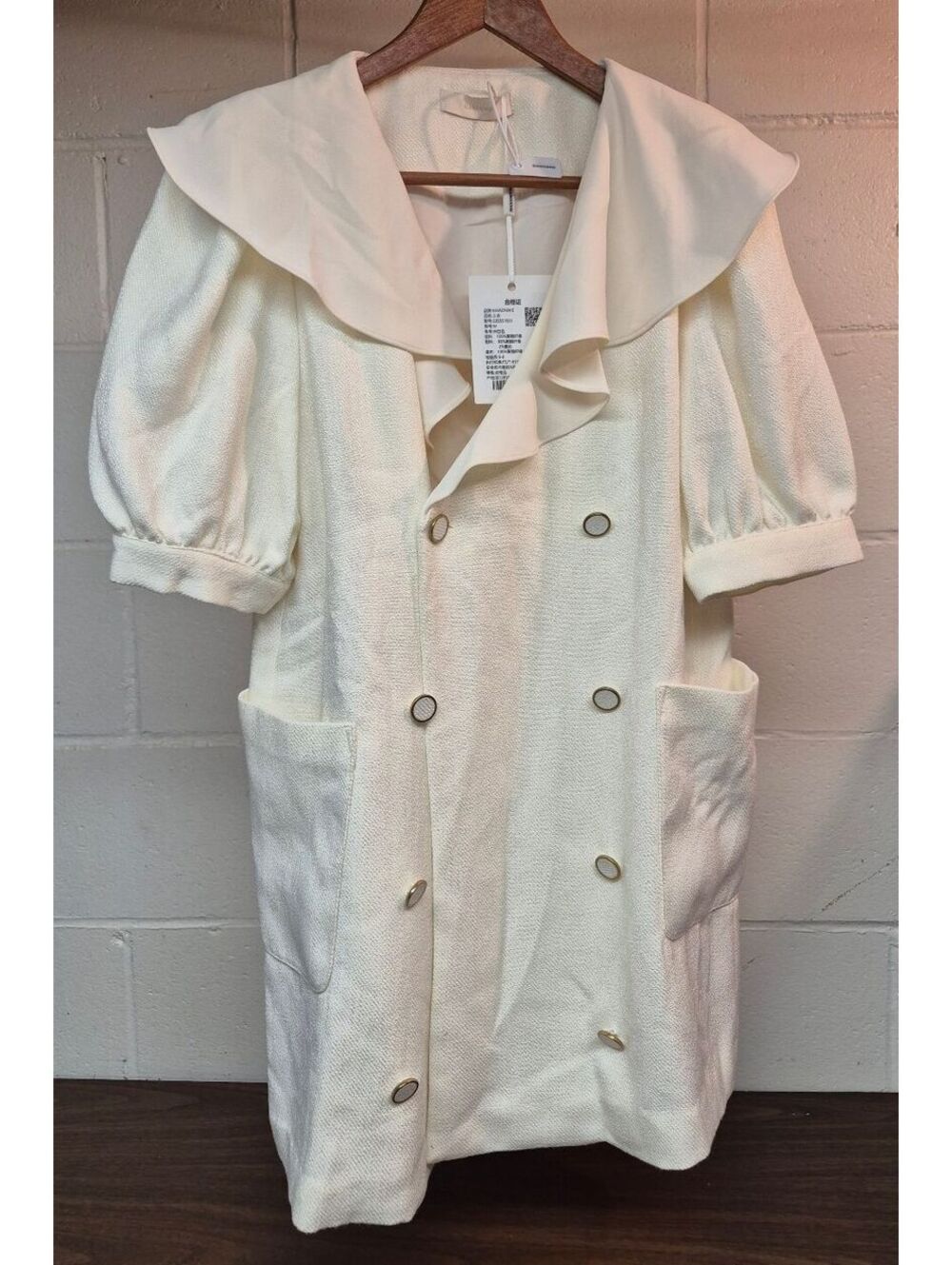 MARONNIE Women's Cream Double-Breasted Coat with Large Collar and Puff Sleeves,